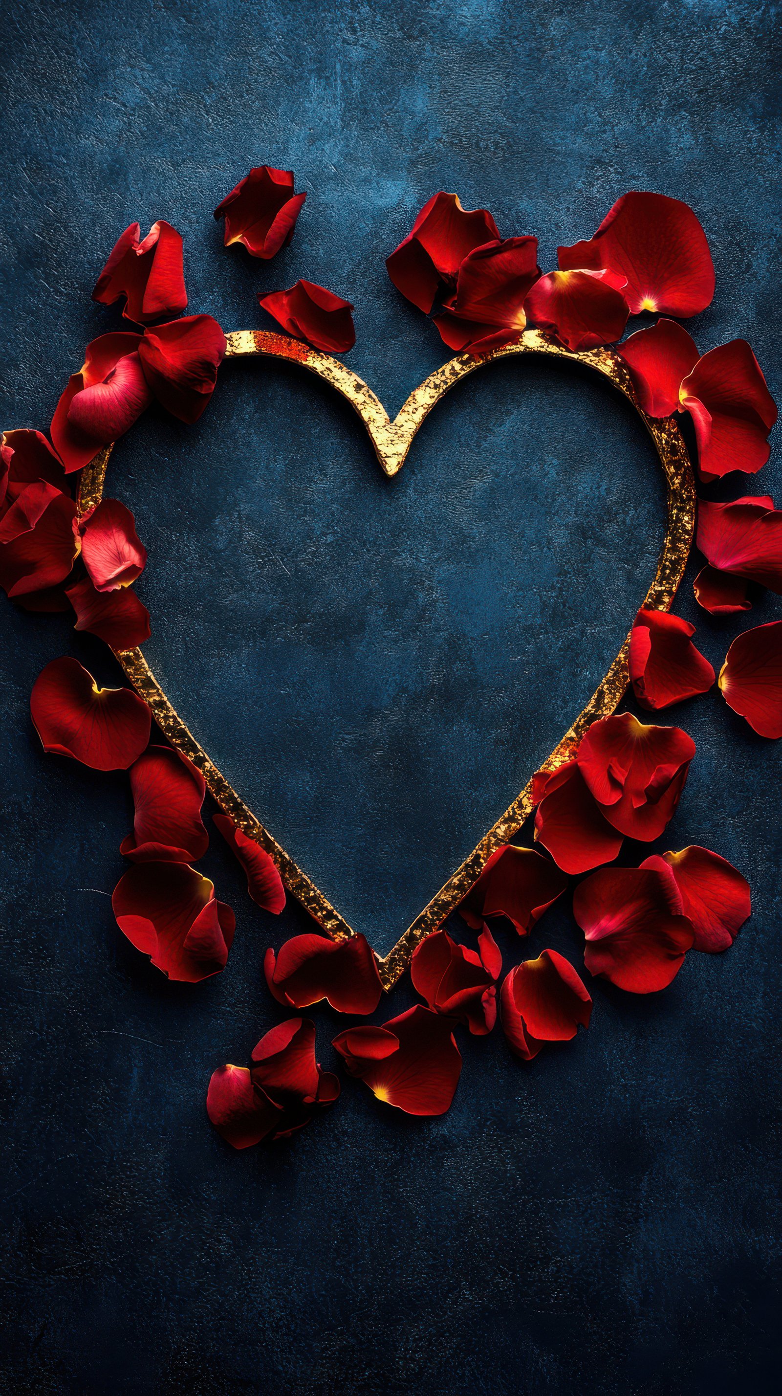 Heart-shaped frame surrounded by red rose petals set against a dark blue background for romantic occasions